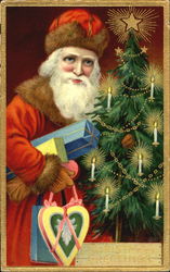 Eastern Icon-styled Santa carrying presents by a decorated tree Santa Claus Postcard Postcard