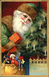 Santa, dressed in green, delivers dolls and packages Santa Claus Postcard Postcard