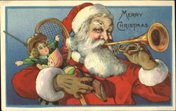 Santa blowing horn with armfull of toys Postcard