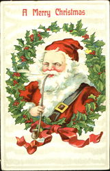 Santa in red suit smoking pipe sourrounded by holly's Santa Claus Postcard Postcard