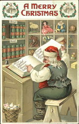 Santa in green checking his list Santa Claus Postcard Postcard