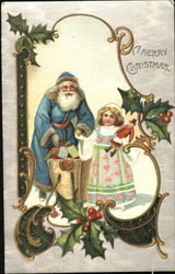 Santa in blue robe giving little girl gifts Santa Claus Postcard Postcard