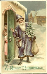 Santa in blue robe knocking on door with gifts Santa Claus Postcard Postcard