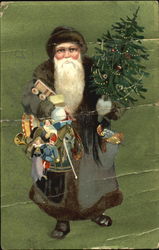 Santa in Grey Robe Delivering Presents and Tree Postcard