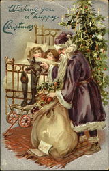 Santa in purple robe with sleeping children Postcard