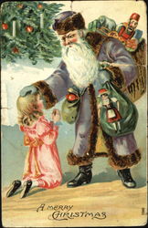 Girl Kneels Before Santa in Fur-lined Purple Robe Santa Claus Postcard Postcard