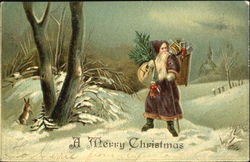 Santa in Purple Robe Hiking Through Snow Santa Claus Postcard Postcard