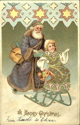 Santa in Blue Robe with Child on Sleigh Santa Claus Postcard Postcard