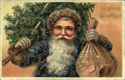 Santa in Blue Robe Carrying a Tree and Bag Santa Claus Postcard Postcard