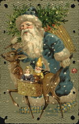 Santa in blue robe delivering presents with reindeer Santa Claus Postcard Postcard