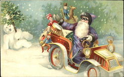 Purple-Robed Santa Delivering Toys in Old-Fashioned Car Santa Claus Postcard Postcard