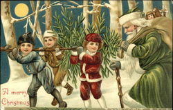 Santa in a green robe delivering presents to three childeren carrying a tree Santa Claus Postcard Postcard