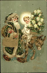 Santa in Green Robe with Child on Donkey Santa Claus Postcard Postcard