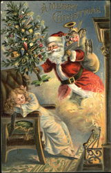 Santa with Chistmas tree and girl sleeping in chair Santa Claus Postcard Postcard