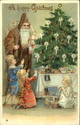 Brown-Robed Santa and Three Children View Candle-Lit Tree Postcard