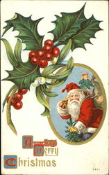 Santa with Sack of Toys Surrounded by Holly Santa Claus Postcard Postcard