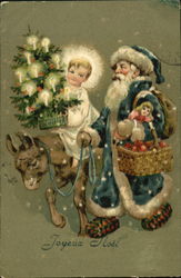 Santa in Blue Robe leading Christ on Donkey Santa Claus Postcard Postcard