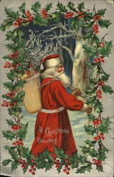 Santa surrounded with holly and wicker toy baskets Santa Claus Postcard Postcard