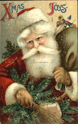 Santa Carrying Sack of Toys and Wooden Broom Santa Claus Postcard Postcard