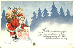 Santa with a bag of toys going down the chimmney Santa Claus Postcard Postcard