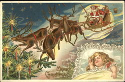 Santa and Reindeer Fly Over a Sleeping Girl Santa Claus Postcard Postcard