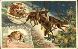 Little Girl Dreaming with Santa's Sleigh and Reindeer Flying Above Bed Santa Claus Postcard Postcard