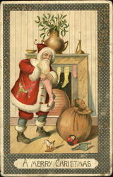 Santa, pocket full of toys, fills a pink stocking Santa Claus Postcard Postcard