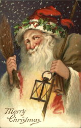 Santa,red cap, brown bag, lamp light on his hand , snowing Postcard