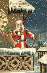 Santa on Balcony in the Snow Blowing a Horn Postcard