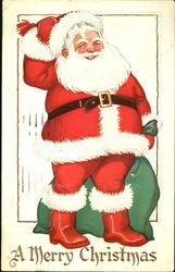 Santa in red rope delivers present Postcard