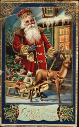 Santa with gifts in deer's cart and a bell in his hand Santa Claus Postcard Postcard