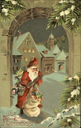 Santa in a snow covered Old World village Postcard