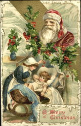 Mother putting child to bed with Santa above Postcard