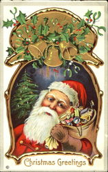 Vintage Santa with toy bag, ivy, bells, Christmas tree Postcard