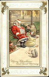 Santa On Park Bench With Smiling Boys and Squirrel Postcard