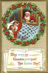 Santa Peeks Through Window At Sleeping Children Inside Holly Wreath Postcard