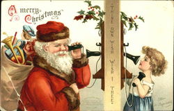 Santa and child talking on a phone Postcard