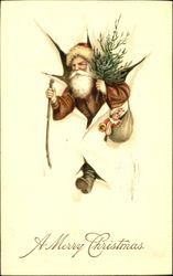 Vintage Santa with a bag of toys, tree, walking stick Postcard