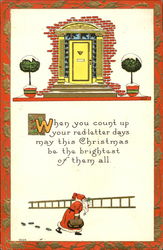 Santa With a Ladder and Front Steps of a House Postcard