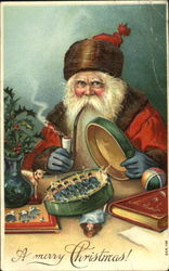 Santa Seated at Table with Toys and Pipe Postcard