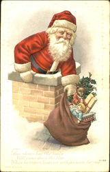 Santa Taking Bag of Toys Down Chimney Postcard