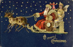 Santa flying in sleigh delivering toys with an angel Postcard