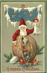 Santa with bag of presents holding a doll Santa Claus Postcard Postcard