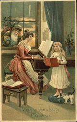 Green-Robed Santa Watches Singing Girl and Piano-Playing Woman Postcard