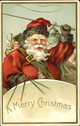 Santa riding in sleigh with a bag of toys Santa Claus Postcard Postcard