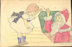 Santa coming through a trap door and little girl Postcard