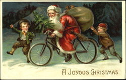 Santa on Bicycle with Two Boys Running Santa Claus Postcard Postcard