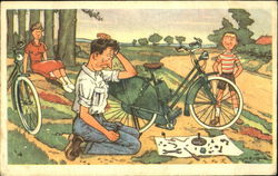 Man having troubles fixing a motorized bicycle Bicycles Postcard Postcard