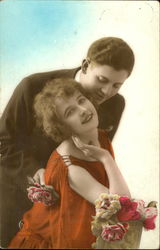 Art Deco Man and Woman with pink flowers Postcard