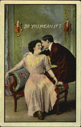 Man hugging and talking to a girl on a sofa Postcard